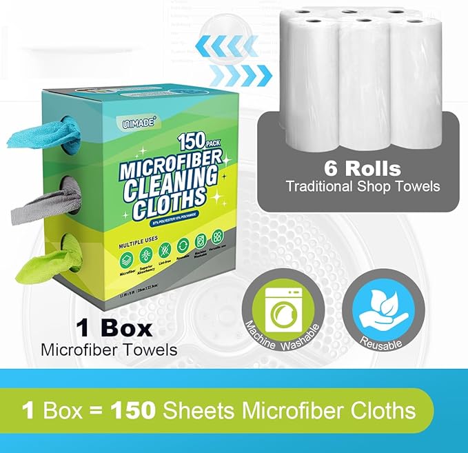 Microfiber Cleaning Cloth, 150 Pack Reusable Paper Towels Microfiber Towels for Cars Lint Free Washable Tissues Shop Rags with Dispenser Box for Home Kitchen Automotive, 11"x 9", Multicolor