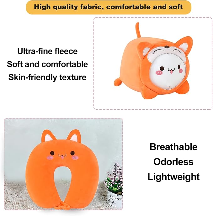Kids Travel Pillow - 2-in-1 Deformable Kids Neck Pillow for Traveling, Soft U-Shaped Pillow with Adorable Animal Design, Comfy Sleep and Play, Ideal for Airplanes and Traveling (QQ Orange Fox)