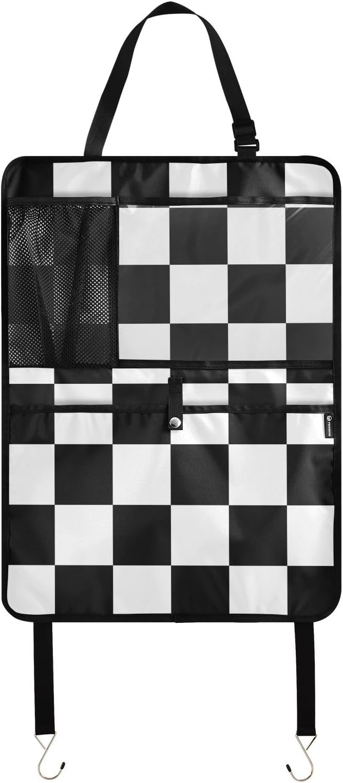 1 Pack Back Seat Car Organizer with Storage Pockets Kick Mats Back Seat Protector Hanging Car Organizer Automotive Seat Back Cover Organizers Checkered Black and White