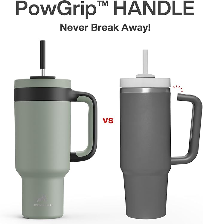 POWCAN 40 oz Tumbler with Handle, 2-in-1 Straw and Sip Lid, Leakproof, Dishwasher Safe, Insulated Stainless Steel Travel Coffee Mug, Keeps Cold for 34 Hours, Fits in Car Cup Holder (Agave)