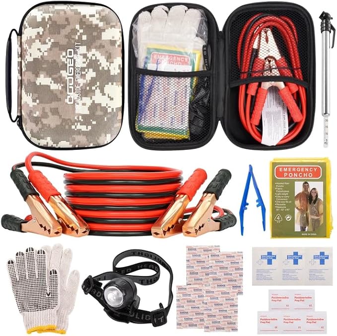 Car Roadside Emergency Kit with Battery Jumper Cables,Car Accessories for Men or Women,Automotive Safety Kit for Car,Vehicle,Truck or SUV,Gifts for Men or Him,Camouflage