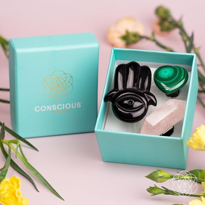 Conscious Items Hamsa Hand of Safe Travels Aromatherapy Crystal Car Kit, Car Vent Clips with Black Obsidian, Rose Quartz, & Green Malachite Crystals for Calm, Protection & Beautiful Drives