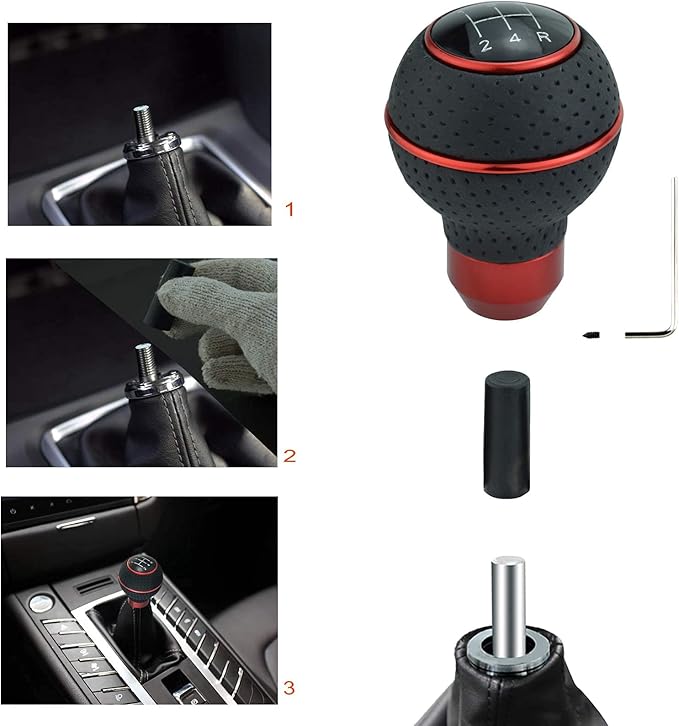 Lunsom 5 Speed Round Shift Knobs, Leather Car Gear Shifter Knob Handle Lever Head Ball Shifting Lever Head Fit for Most Manual Transmission (Black&Red)