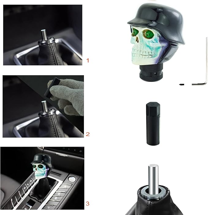 Lunsom Skull Gear Shifter Knob, Soldier Car Shift Stick Handle Shifting Head Transmission Fit Most Automatic Manual Vehicle (Black&White)