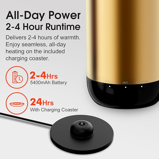 VSITOO S5 heated travel mug,16oz, Auto-Sensing AI Heats Drinks To 120-150°F Hands-Free. Temperature Control for All Cars, Perfect for Home/Office/Travel/Outdoor, Ideal Gift for Coffee Lovers - Gold