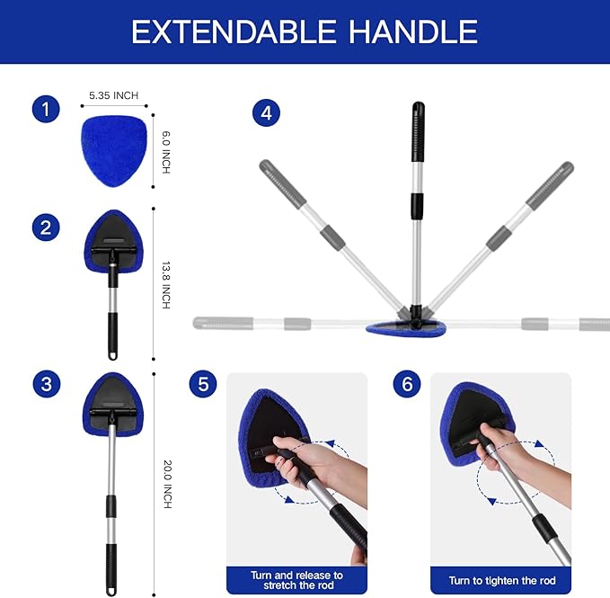 10pcs Windshield Cleaning Tool Inside Car Window Cleaner Wash Kit with 4 Reusable Microfiber Pads 1 Spray Bottle and Extendable Handle Interior Auto Glass Wiper Kit, Blue