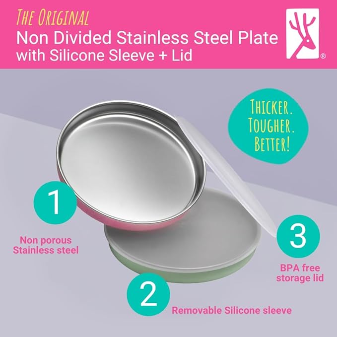 Elk and Friends 7.8” Stainless Steel Non Divided Plates with Silicone Sleeve + Storage Lid | Baby, Toddler, Kids | Dishwasher Safe | Dinner & Snack Plates | 2 Pack