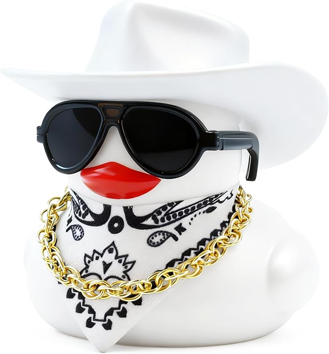BOZILY White Cowboy Hat Rubber Duck, Cute Car Dashboard Decoration Duck with White Cowboy Hat, Sunglasses, Gold Necklace & White Bib, Squeaky Silicone Ornament for Car Interior Home Office