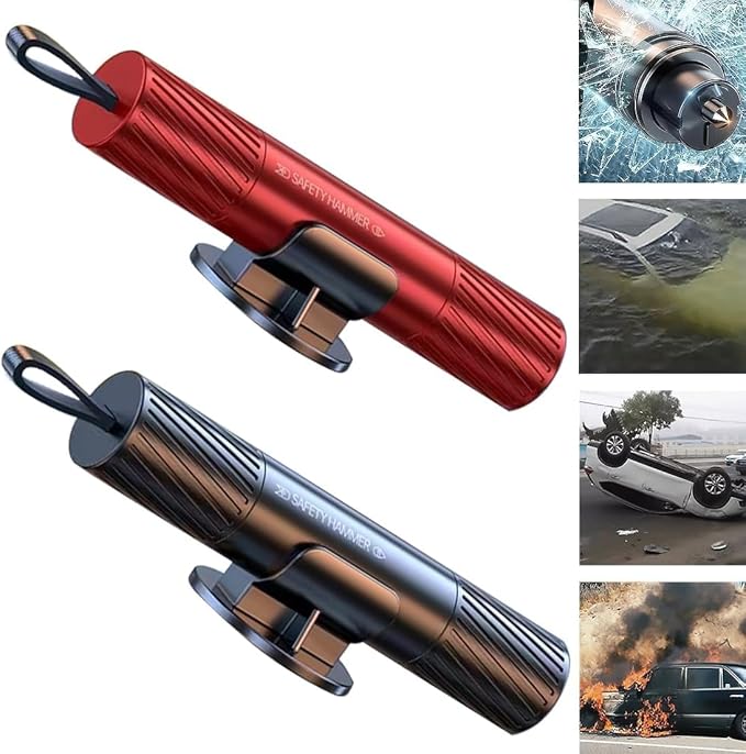 Emergency Escape Tool - 2-in-1 Car Window Glass Breaker and Seatbelt Cutter for Life Saving, Underwater Use (2PCS Red & Black)