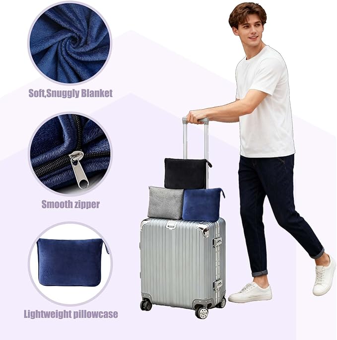 Travel Blanket and Pillow - Premium Soft 2 in 1 Airplane Compact with Soft Bag Pillowcase, Plane Blanket Compact Packable, Travel Essentials Accessories for Plane and Car, 60x80 Navy