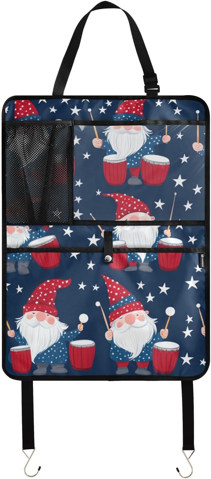 July 4th Gnomes Drum Dark Blue 1 Pack Backseat Car Organizer with Storage Pockets Seat Back Organizers for Kids Kick Mats Backseat Protector Automotive