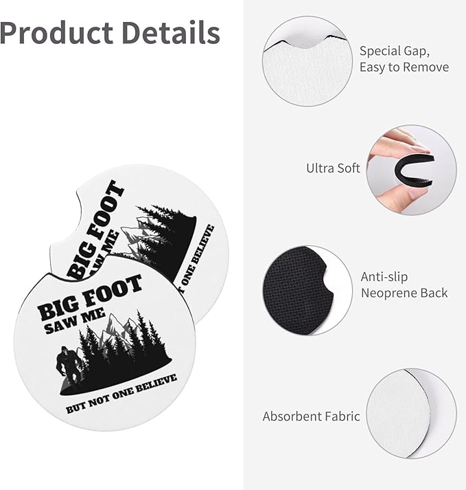 Bigfoot Saw Me But Nobody Believes Him Car Coasters for Cup Holders Pack of 2 Neoprene Cup Mat Pad Vehicle Interior Accessories for Men Women