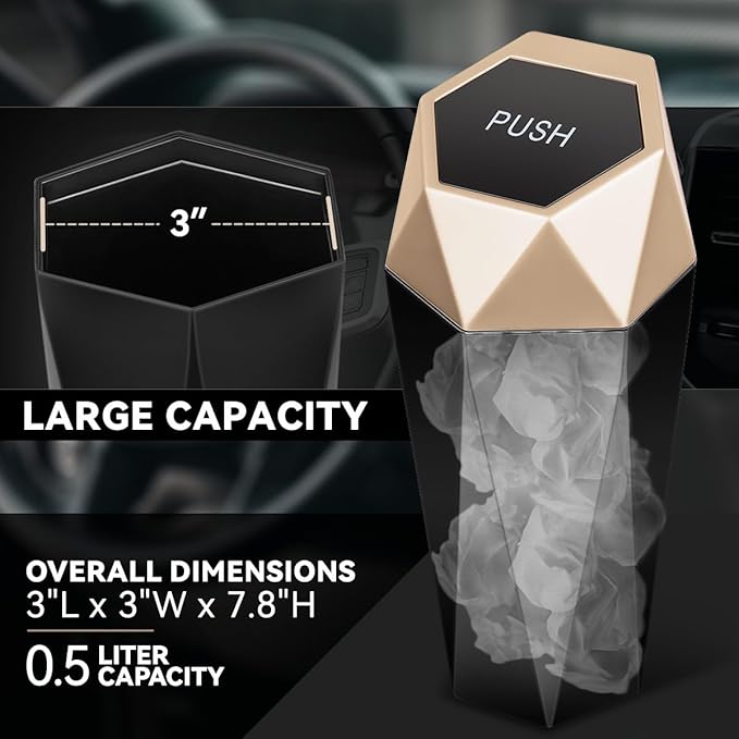 Auto Dynasty Car Trash Can with Lid, Pack of 2 Compact 3" Garbage Bins Bottle Holder, 0.5L Capacity Car Interior Storage Organizer Container for Home Office, Gold