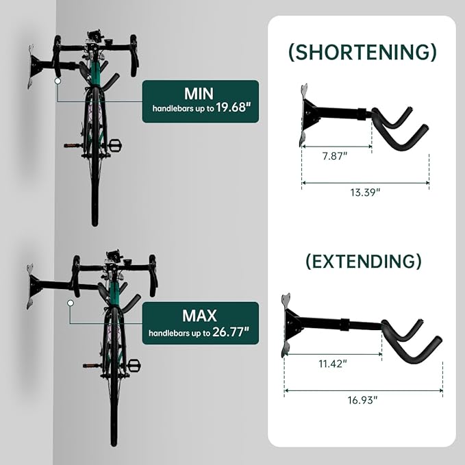 Black Bike Wall Mount Hanger Adjustable Space Saving Horizontal Bicycle Rack for Mountain Road Bikes Solid Home Garage Storage Cycling Holder Hook