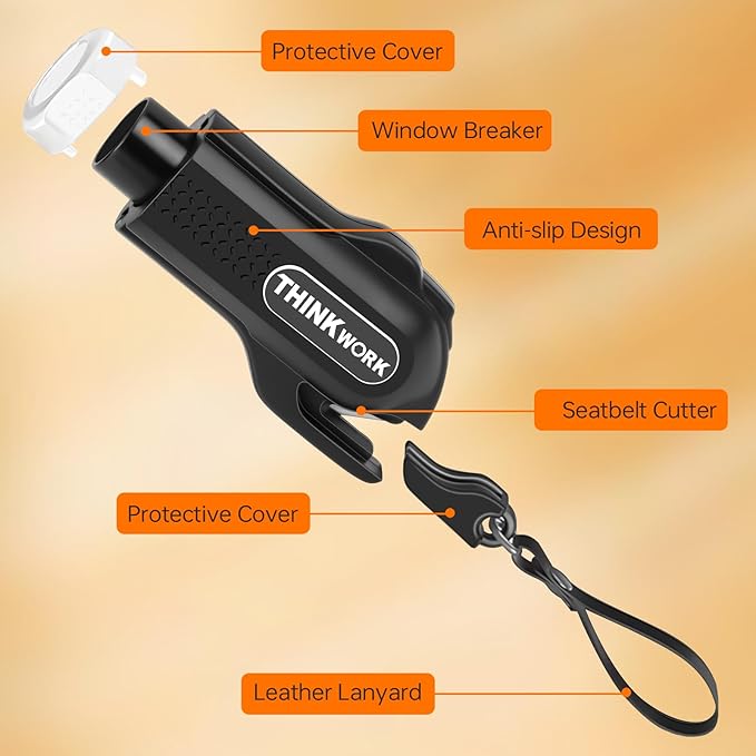 THINKWORK Instant Window Breaker & Seatbelt Cutter - Car Safety Hammer with Tungsten Steel Tip, Emergency Escape Tool for Vehicle Accidents/Home Fires/Office Lockdowns/School Emergencies