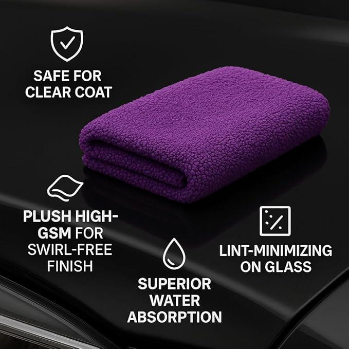 10 Pack Pak Details Edgeless Microfiber Towels for Cars | 16x16 Ultra-Soft, Scratch-Free & Lint-Free Car Detailing Microfiber Cloths for Buffing & Coating | Purple Seamless Finish Auto Cleaning Rags
