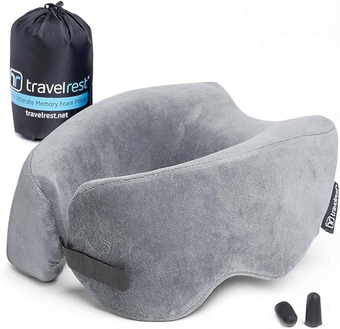 TRAVELREST Nest Neck Support Pillow - Travel Essentials, Memory Foam, Compact Travel Pillow for Long Flights, Plane Sleeping Accessories, Comfortable, Compact, Washable, Attaches to Luggage - Gray