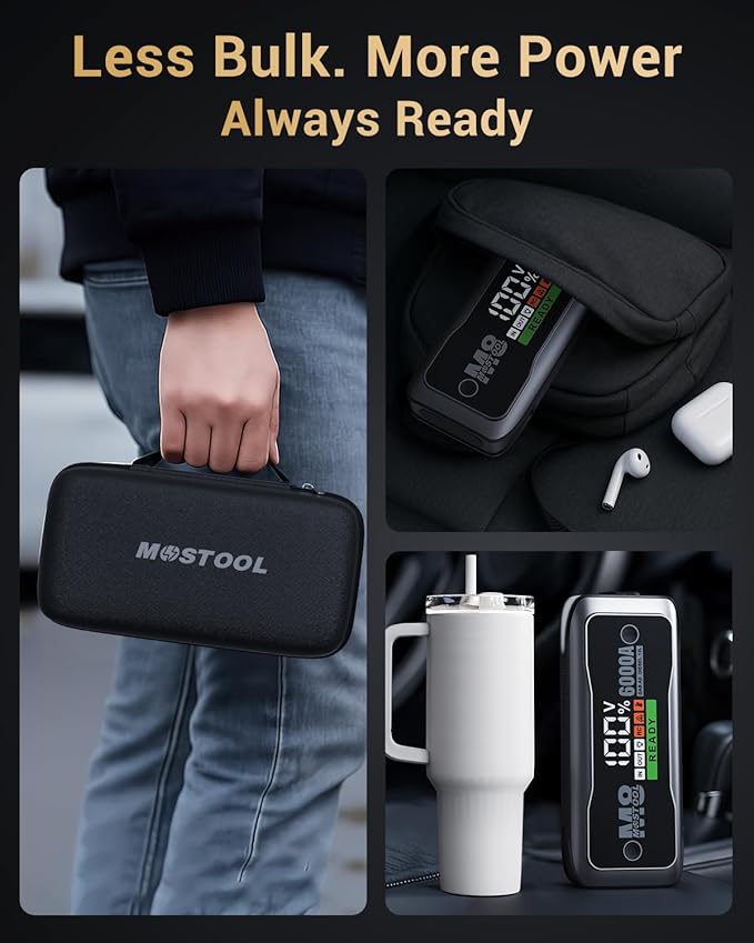 MOSTOOL M8 6000A Car Battery Jump Starter with Smart HD Display PD 60W Fast Charging, 12V Battery Jump Pack, Portable Jump Box with Jumper Clamps LED Light, Rugged Kit for All Gas & Up to 12.0L Diesel