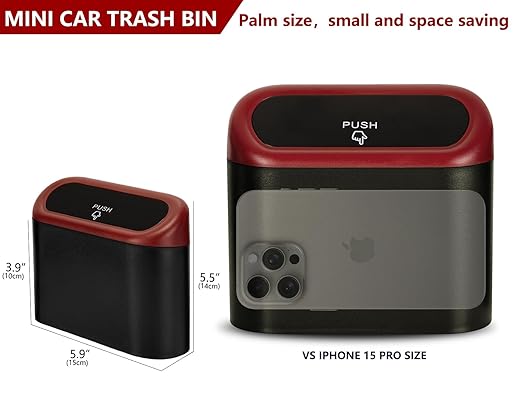 Ginsco Mini Car Trash Can with Lid, Small Car Garbage Can, Cute Leakproof ABS Car Trash Bin, Car Accessories for Interior, Garbage Bin for Car, Home, Office with 120pcs Trash Bags Black/Red