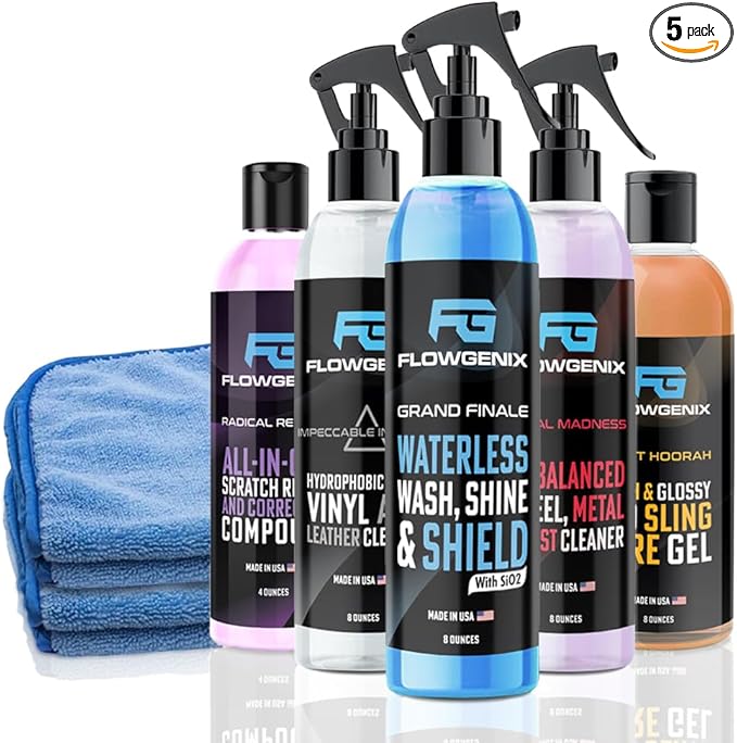 Grand Slam 5-Pack - Waterless Car Wash Detailing Spray, Tire Shine Gel, Scratch Remover, Wheel Metal Rust Cleaner, Interior Cleaner & Protector, 2 Microfiber Towels