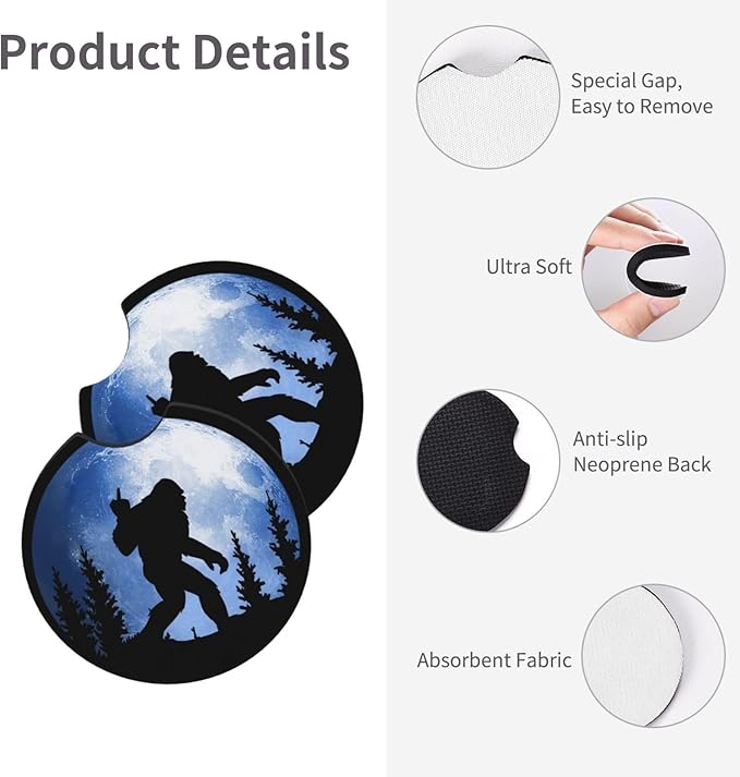 Moon Bigfoot Car Coasters for Cup Holders Pack of 2 Neoprene Cup Mat Pad Vehicle Interior Accessories for Men Women