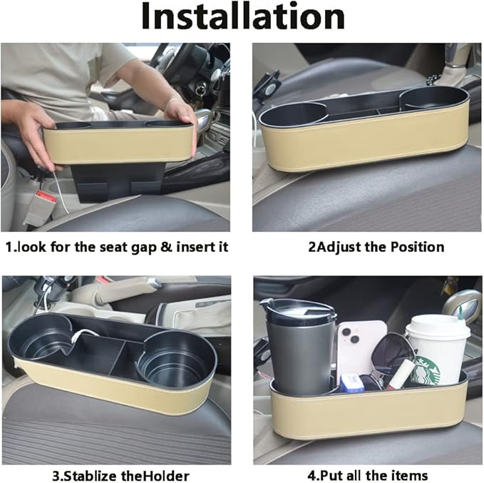 Car Cup Holder Expander Organizer,Multifunctional Cup Drink Holders with PU Leather Cover,Side Insert Center Console Seat Gap Filler Storage Box for Mug Bottle CellPhones Keys Coffee Coasters Cards