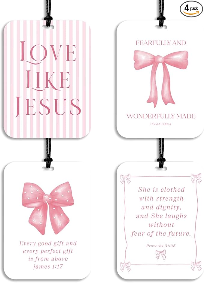 4Pcs Pink Bow Christian Car Air Freshener Hanging Girly Car Accessories Gifts for Women Teen Girl Cute Air Freshener for Interior Car Mirror Home Wardrobe Decor
