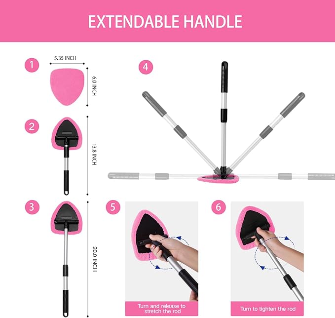 10pcs Windshield Cleaner Tool, Car Window Cleaning Wash Kit with 4 Reusable Microfiber Pads 1 Spray Bottle and Extendable Handle Auto Glass Wiper Kit, Pink