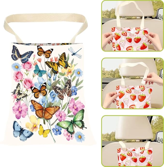 Car Garbage Bag Hanging Butterfly Car Trash Can Flowers Insect Pattern Polyester Washable Waterproof Cute Organizer Storage Bin for Vehicle Interior Travel Accessories Reusable Leak Proof