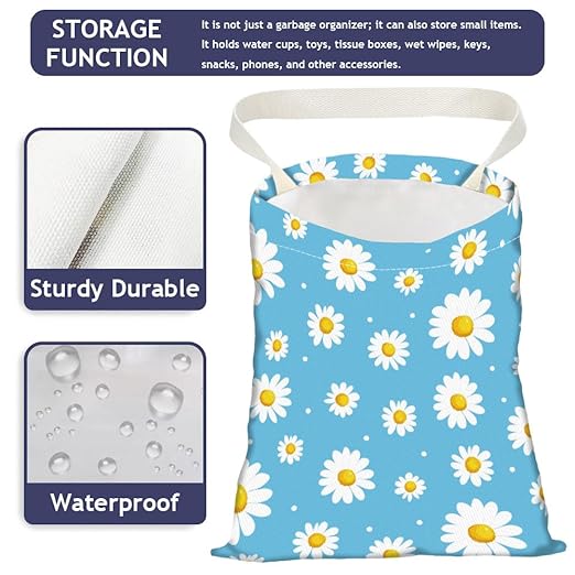 Daisy Flower Print Car Trash Bag Hanging Garbage Bag with Snap Buttons Car-Back Seat Trash Storage Portable Dustbin for Men Women Car Interior Accessories Travel Camping