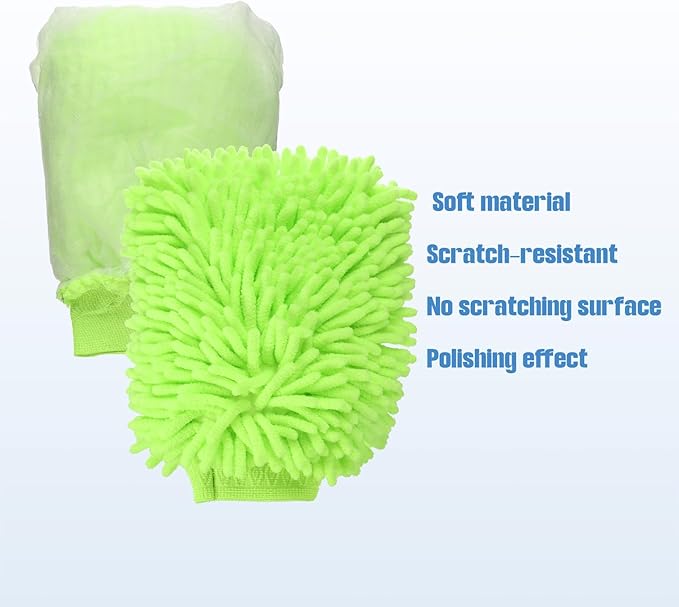 HARFINGTON Chenille Microfiber Car Wash Mitts 10" x 7.5" Scratch Free Wash Gloves Absorbent Double Sided Plush Cleaning Drying Mitts for Car Washing Home Clean Lime Green