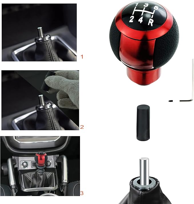 Lunsom 5 Speed Shifter Head Knob Leather Ball Gear Shift Stick Lever Handle Fit Most Manual Transmission Car (Red)