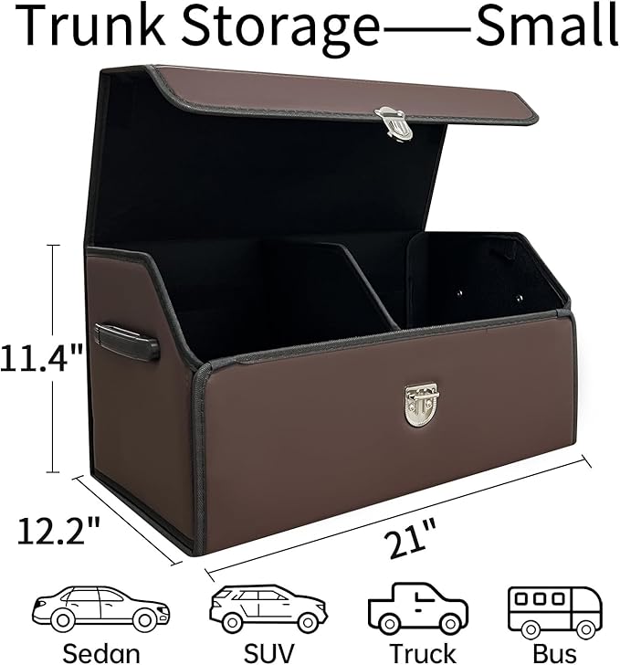 Trunk Organizer for Car With Lid,Foldable Trunk Organizer for SUVs & Sedans,Multi-Functional Leather Storage Box - Brown - Small