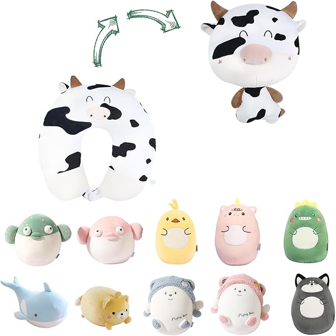 Kids Travel Pillow - 2-in-1 Deformable Kids Neck Pillow for Traveling, Soft U-Shaped Pillow with Adorable Animal Design, Comfy Sleep and Play, Ideal for Airplanes and Traveling-Milk Cow