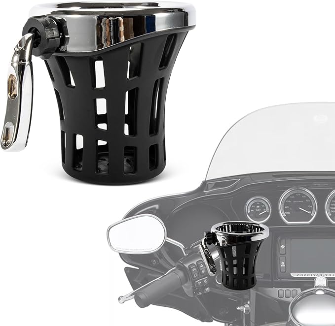 PSLER Motorcycle Drink Cup Holder Handlebar Mount Universal for Dyna Fat Bob Touring Road Glide Street Electra Glide Softail 1996-up Goldwing GL1800 2018-up (Chrome, 105mm)
