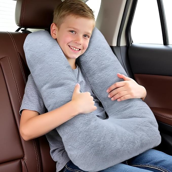 Car Travel Pillow for Adults Kids, Comfortable Sleeping Pillow for Road Trips, Soft Support Cushion for Head and Body in Back Seat, Sleep Aid for Long Car Journeys, Gray