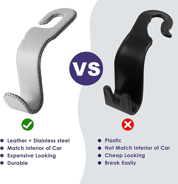 Leather Car Seat Hooks - U-Shaped Purse Holder for Car, Fully Leather-Wrapped Headrest Hooks for Purses, Bags & Coats, Durable Seat Back Organizer for Travel & Daily Use (Gray, 2 Pack)