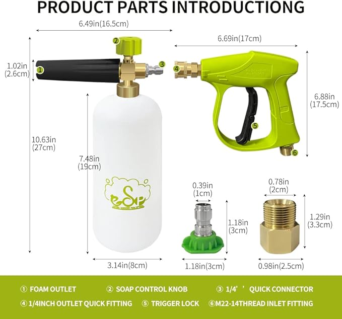 ESP Car Wash Foam Gun High Pressure Car Washer Household Water Gun Foam Generator Washing Blaster 5 Nozzle Tip M22 Adapter with 1 Liter Bottle Washing Mitts Towel