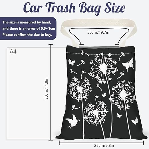 Dandelion Print Car Trash Bag Hanging Garbage Bag with Snap Buttons Car-Back Seat Trash Storage Portable Dustbin for Car Interior Accessories Travel Camping