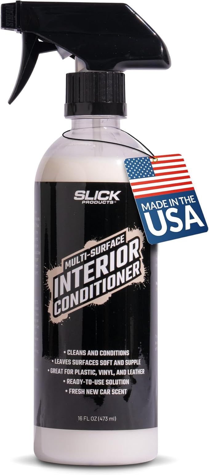 Slick Products Multi-Surface Interior Conditioner – Cleans & Conditions Vinyl, Plastic & Leather – Non-Greasy Car Interior Cleaner & Protectant – Fresh New Car Scent – 16 oz.