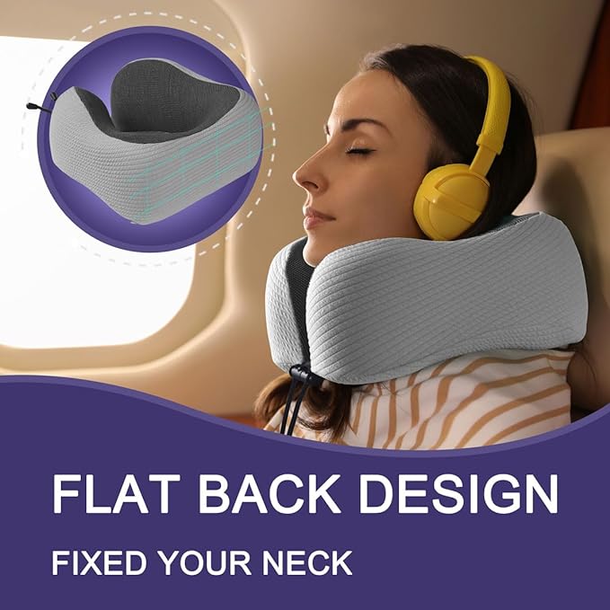 napfun Neck Pillow for Traveling, Upgraded Travel Neck Pillow for Airplane 100% Pure Memory Foam Travel Pillow for Flight Headrest Sleep, Portable Plane Accessories, Striped Light Grey Set