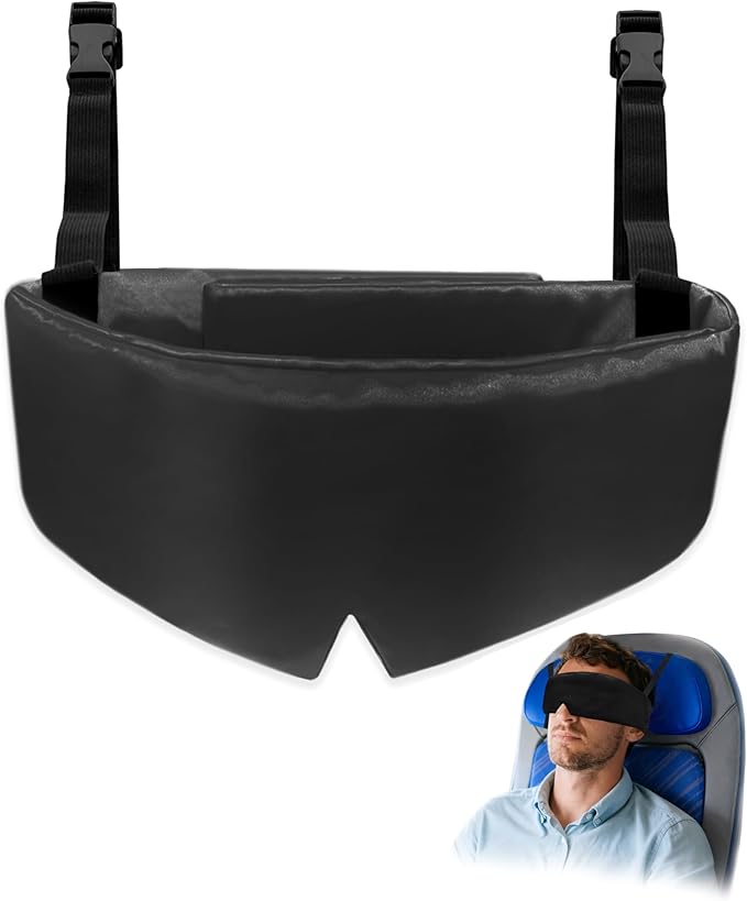 Travel Pillows for Airplanes, Airplane Head Strap with Silk Eye Mask for Sleeping, Long Flights & Car Road Trips 360°Headrest Neck Support, Stops Bobbing, Small & Compact（Black）