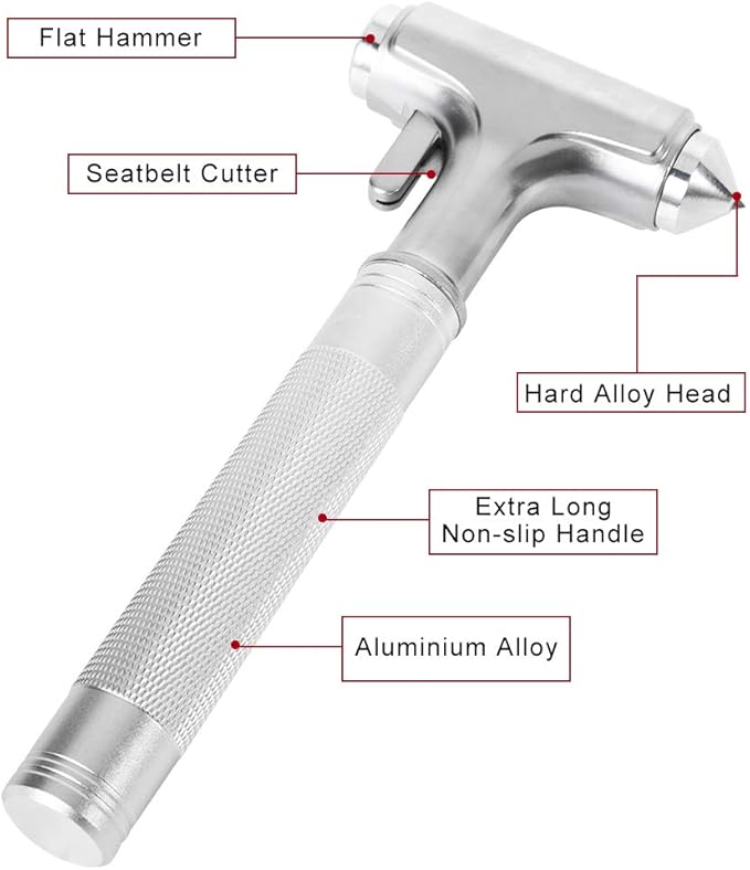 Car Safety Hammer, Fireproof Metal Emergency Escape Hammer with Hard Alloy Head Window Breaker and Seat Belt Cutter, Aluminium Alloy Emergency Escape Tool for Car Accidents