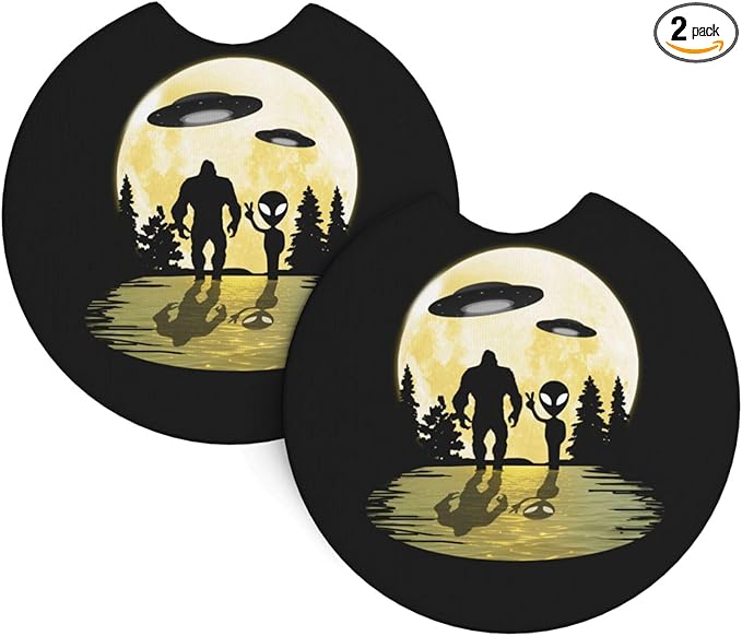 Alien and Bigfoot Moon Car Coasters for Cup Holders Pack of 2 Neoprene Cup Mat Pad Vehicle Interior Accessories for Men Women