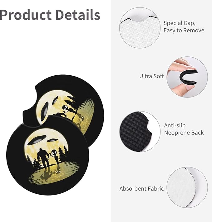 Alien and Bigfoot Moon Car Coasters for Cup Holders Pack of 2 Neoprene Cup Mat Pad Vehicle Interior Accessories for Men Women