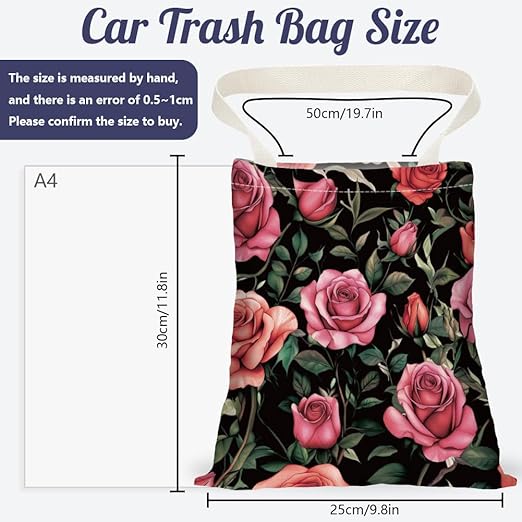 Rose Floral Print Car Trash Bag Hanging Garbage Bag with Snap Buttons Car-Back Seat Trash Storage Portable Dustbin for Car Interior Accessories Travel Camping