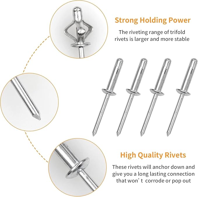 1/4" x 3/4" Tri-Fold Rivets Assortment - 35Pcs,Silver Tri-fold Exploding Pop Rivets Solid Aluminum Tri Grip Rivets Bulb Style Rivets for Kayak Marine Boat