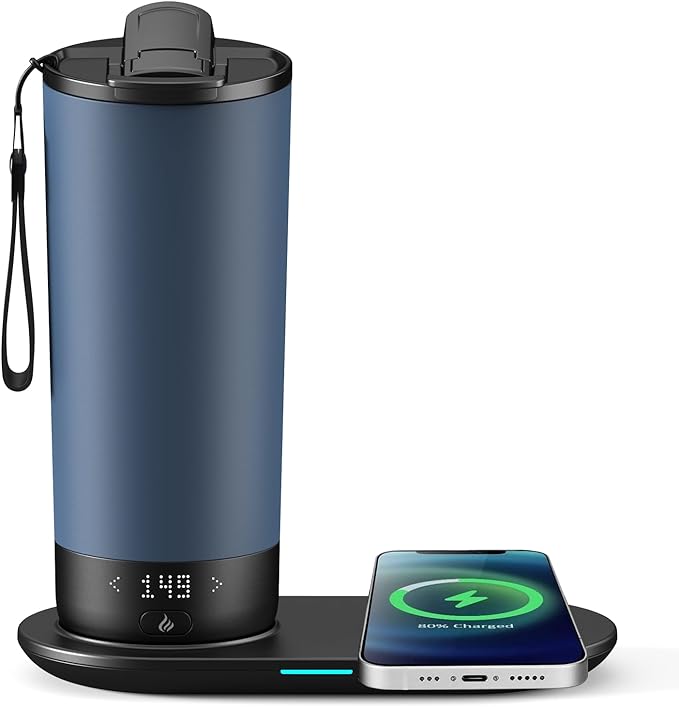 Temperature Control Heated Travel Mug Smart Self Heating Coffee Mug 20 Oz App Controlled LED Display coffee serving sets mug kept at a constant temperature for 4-10 hours (Slate Blue, 20 oz)