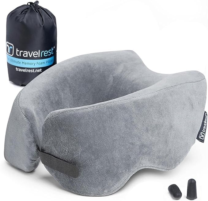 TRAVELREST Nest Neck Support Pillow - Travel Essentials, Memory Foam, Compact Travel Pillow for Long Flights, Plane Sleeping Accessories, Comfortable, Compact, Washable, Attaches to Luggage - Gray