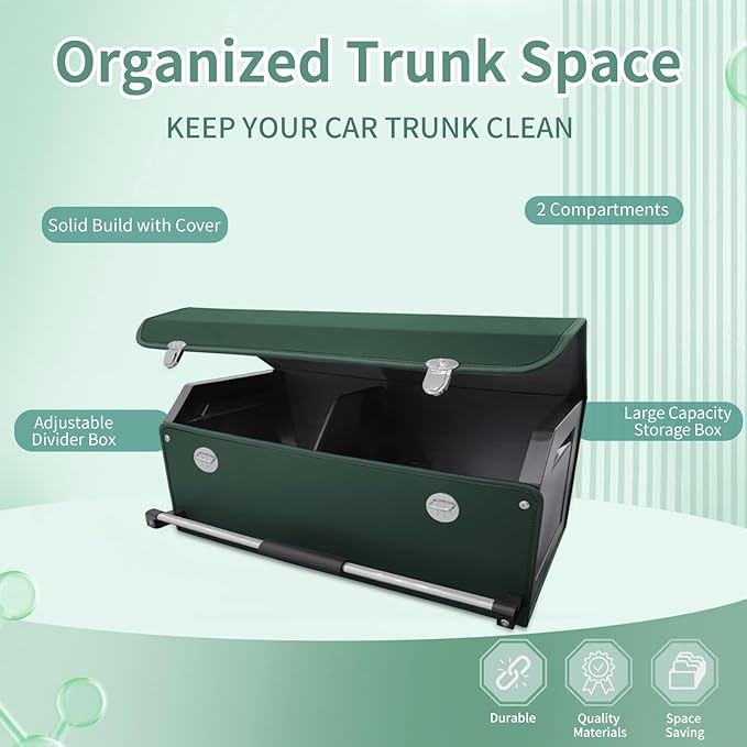 Car Trunk Organizer, Leather Trunk Organizer with Lid and Push-pull Handle Car Trunk Storage Box for SUV, Minivan, Truck, Sedan (Green, 27.1 x 11.4 x 12.2in)